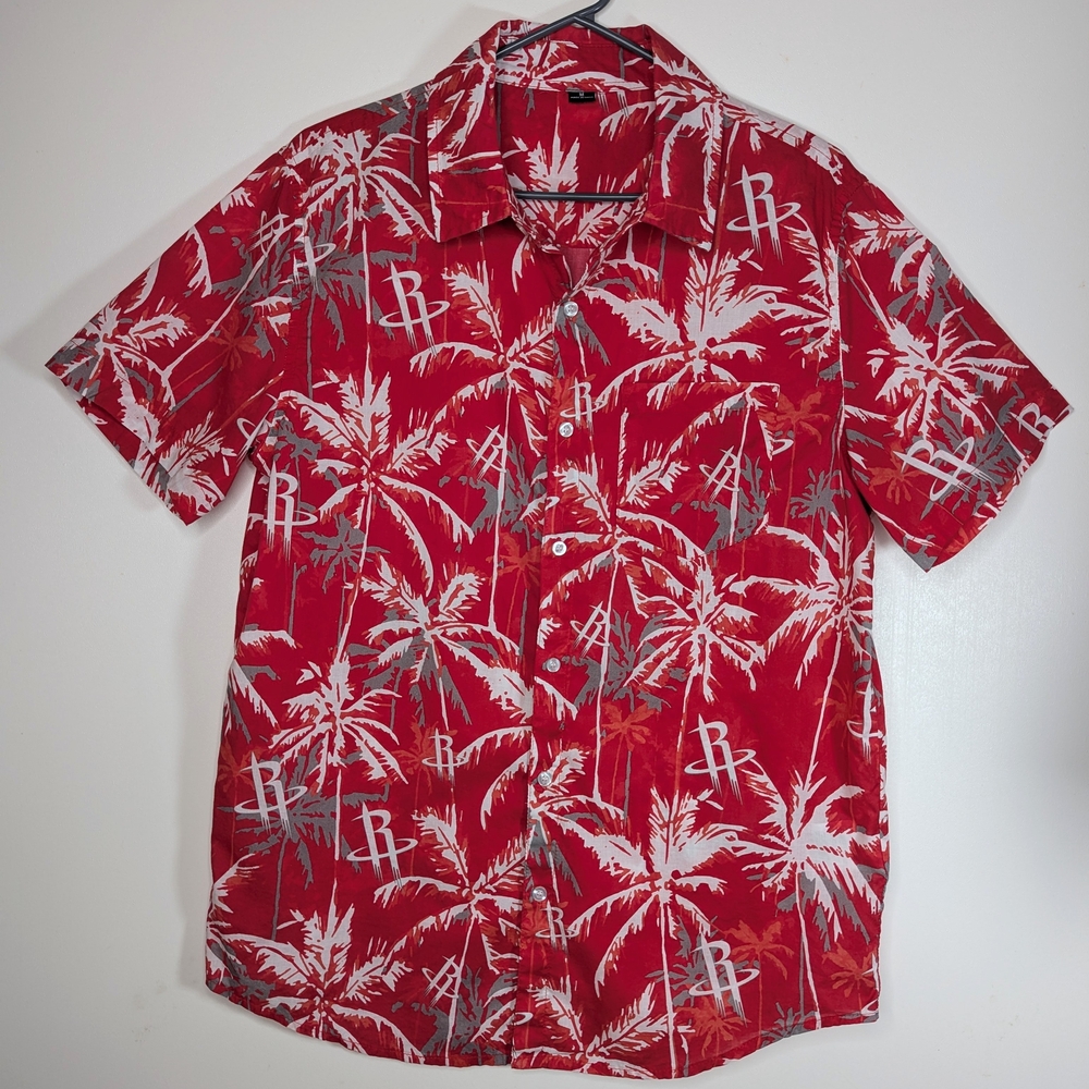 Houston Rockets Hawiian Shirt Mens Med Cotton Red White Buttons Pocket